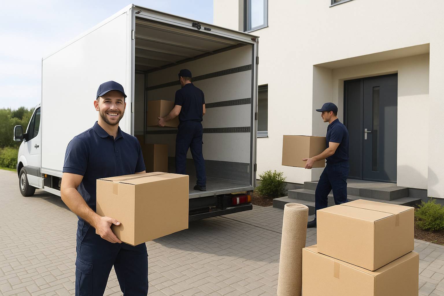 3 män bär flyttlådor till en lastbil