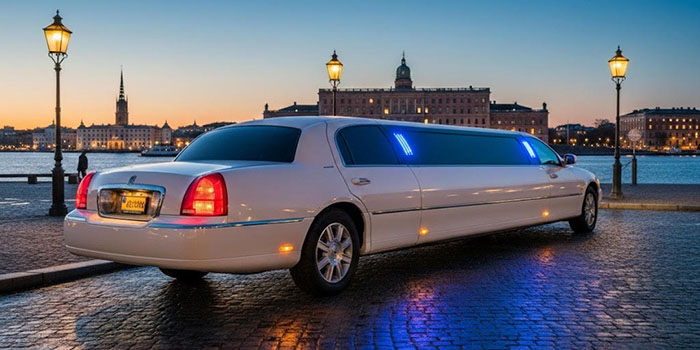 Bild på en vit limousine i förgrunden med Stockholms slott i bakgrunden.